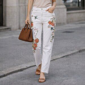 Nanette Lepore Floral Bird Embroidered Distressed White Jeans Pants Size 10